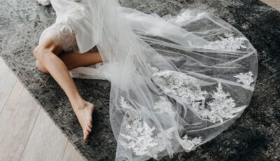 Barefoot,Bride,Sitting,On,The,Floor,,Wearing,A,Long,Lace